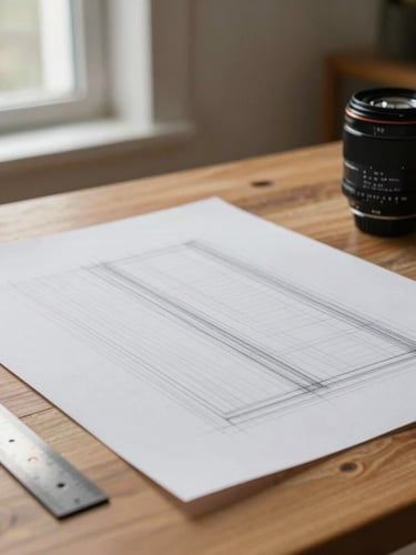 A tall portrait crop of heavy pattern paper with sharp pencil lines and a steel ruler on a warm oak table, soft side light from a studio window.