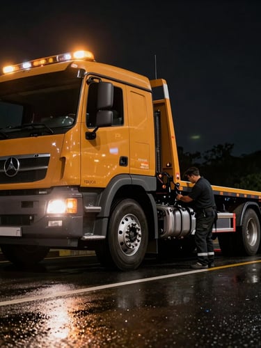 Low-angle heroic shot of an amber-lit flatbed towing truck parked on a wet highway asphalt at night, high-contrast emergency lights glowing, professional operator securing a wheel mechanism.