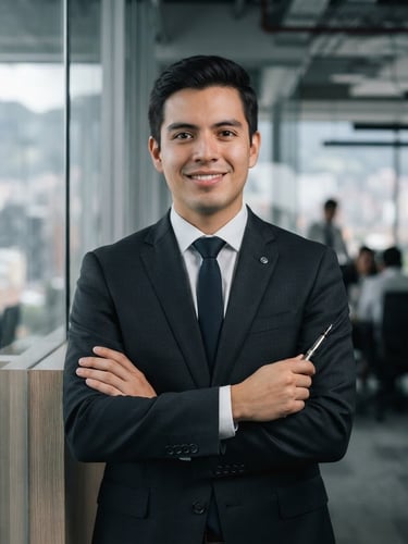 Professional corporate portrait of a young male consultant in a dark suit, soft natural office lighting, modern Bogotá office background, clean composition, 50mm lens, looking confident
