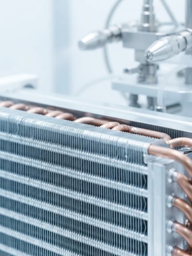 crisp clinical photography, bright high-key studio lighting, clean white and ice-blue tones, sharp macro focus of a pristine sanitized AC evaporator coil, sparkling clean, with specialized cleaning nozzles in the background