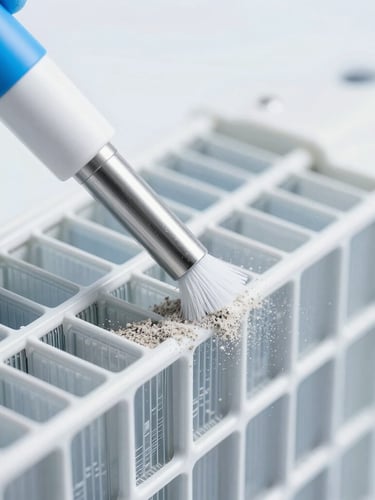 Macro shot of a specialized cleaning nozzle extracting fine desert dust from a pristine AC evaporator coil, clinical high-key lighting, ice-blue accents, sharp focus.