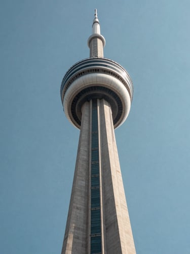 Low angle architectural photograph of the CN Tower in Toronto, sharp concrete lines against a clear, high-contrast daylight sky, objective framing