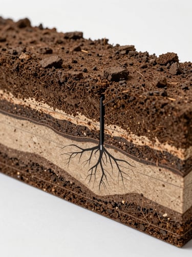 Close-up technical cross-section diagram rendered as a physical architectural model: soil strata layers, root-zone geometry, and planting-depth annotations, studio lighting from above, white background, no people