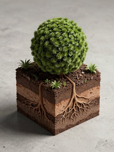 Close overhead axonometric view of a street-level planting zone cross-section, root systems and soil layers visible as a technical diagram rendered in physical model form, studio lighting, pale concrete surface, living green of compressed root ball, high-contrast shadows emphasizing geometric precision