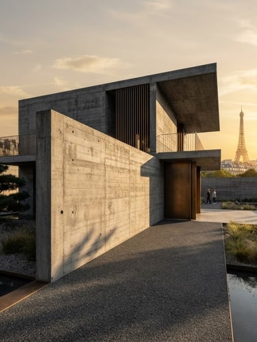 Extreme wide-angle architectural photography of a monolithic concrete pavilion in Paris, sharp golden-hour shadows, minimal lines, bronze accents