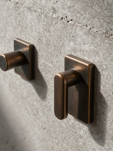 Macro detail of hand-brushed bronze hardware set against raw board-formed concrete, dramatic side lighting, sharp texture contrast, premium architectural photography