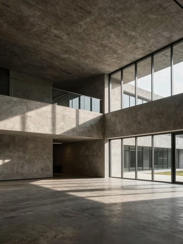 Extreme wide-angle architectural photography of a minimalist concrete and glass office interior, sharp diagonal shadows, desaturated charcoal tones, premium editorial style.