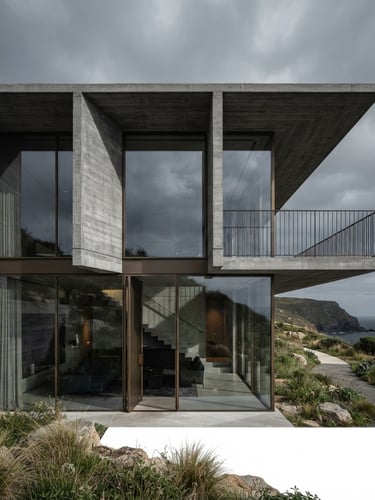 Minimalist concrete villa facade with dramatic glass walls, sharp shadows, overcast sky, premium architectural photography