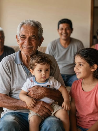 Família brasileira sorrindo reunida na sala de estar iluminada pelo sol da tarde, avô abraçando o neto, atmosfera acolhedora e real.