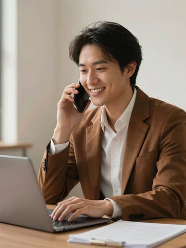 Warm editorial photography of an approachable legal professional talking on a phone while working on a laptop, soft natural daylight, clean and simple office environment.