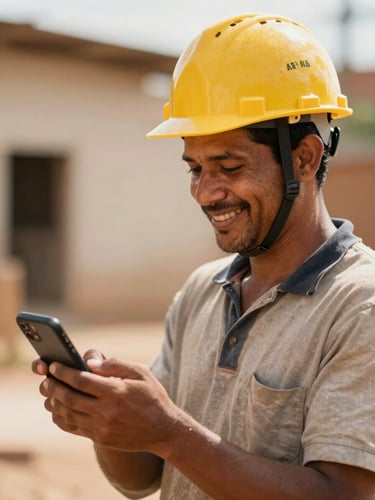 Warm portrait of a Brazilian construction worker in a yellow hard hat smiling, holding a smartphone showing a chat screen, soft natural daylight, blurred background