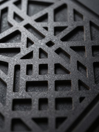 Macro close-up of laser-cut carbon steel sheet with intricate geometric pattern, burr-free cut edges catching hard studio light, matte dark surface texture visible in the negative spaces, overhead flat-lay framing, no people
