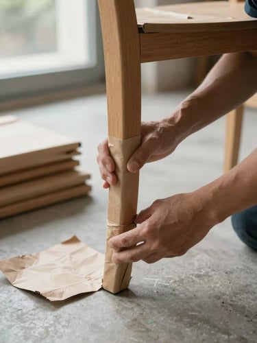 Close-up of hands carefully wrapping a wooden chair leg in protective foam and kraft paper on a concrete floor during daylight, packing materials visible in stacks nearby, natural window light from the side