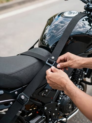 Close-up overhead shot of hands securing a motorcycle to a carrier using soft straps and tie-down points, daylight streaming from above, motorcycle in sharp focus, straps and securing hardware clearly visible.