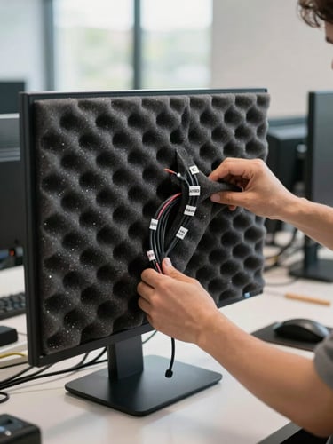 Hands wrapping a computer monitor with foam padding and protective material, cables organized and labeled with stickers, workstation in blurred background, natural daylight from office windows, individual care and precision visible.