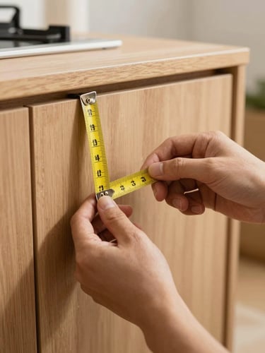 Close-up of hands holding measuring tape against a wooden cabinet in bright daylight, showing documentation of household items during a pre-move survey