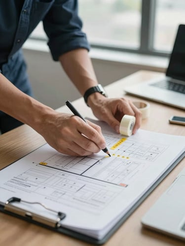 Close-up of crew member marking office floor plan with tape and labels, clipboard with printed layout map visible on desk, natural window light, organized and methodical marking process shown mid-action.
