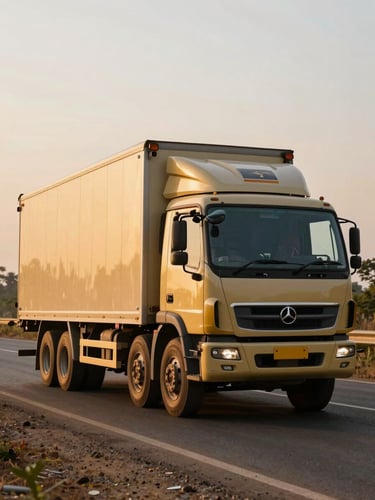 Wide shot of a fully loaded truck parked at roadside in golden afternoon light, secured and ready for transit across India