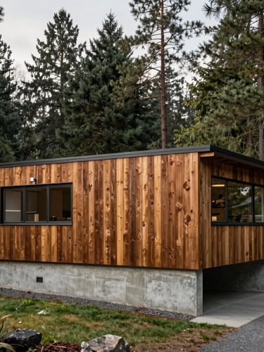 Flat-on architectural elevation of a mid-century modern home in a Pacific Northwest pine forest, raw concrete foundation meeting unrestored cedar siding under overcast daylight, soft side-lighting, no distortion.