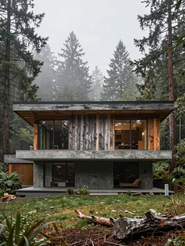 Stark flat-on architectural elevation of a Pacific Northwest modernist home, raw weathered cedar and exposed concrete structural joinery integrated into a misty pine forest, soft overcast daylight, no distortion.