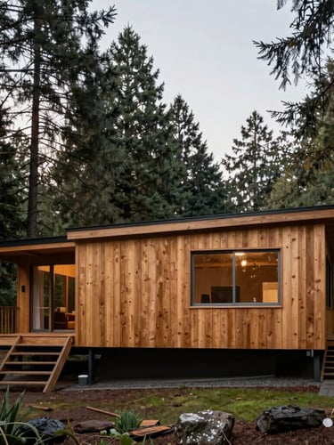 Flat-on architectural elevation of a mid-century modern home in the Pacific Northwest forest, raw cedar cladding, overcast light, soft side-lighting, surrounded by tall fir trees.
