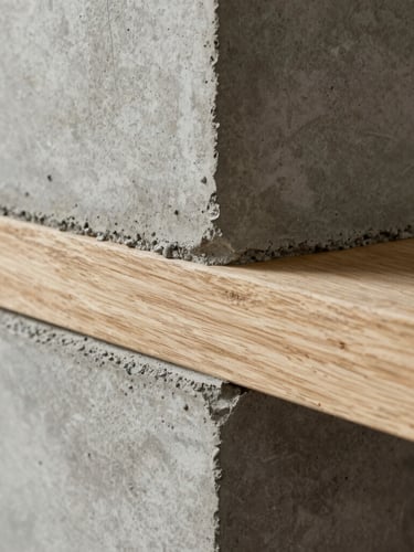 Extreme close-up of a material transition, raw poured concrete meeting grain-matched timber joinery, soft natural side-lighting, brutalist architectural detail.