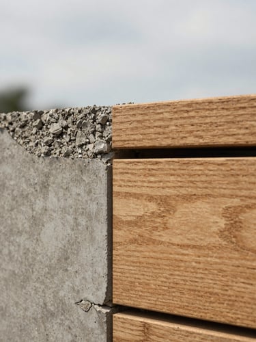 Extreme close-up of material transitions, showing raw exposed concrete abutting warm grain-matched wood, soft overcast daylight.