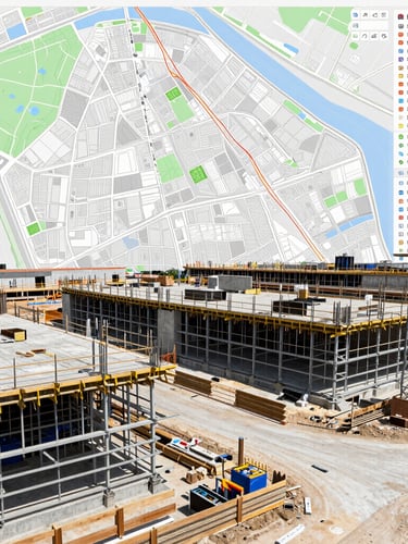 Digital overlay of a construction site with geographical data and regulatory maps, showing precise territorial analysis, bright natural daylight, cool concrete and steel tones, wide-angle lens, high-contrast structural details.
