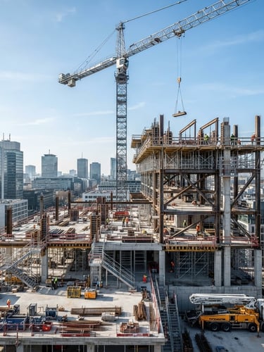 Obra en construcción activa y ordenada, vista panorámica con grúa y estructura de acero, luz natural nítida, tonos fríos de hormigón y metal, planos técnicos superpuestos en el tercio izquierdo. Crisp architectural photography, bright natural daylight, cool concrete and steel tones, wide-angle lens, high-contrast structural details.