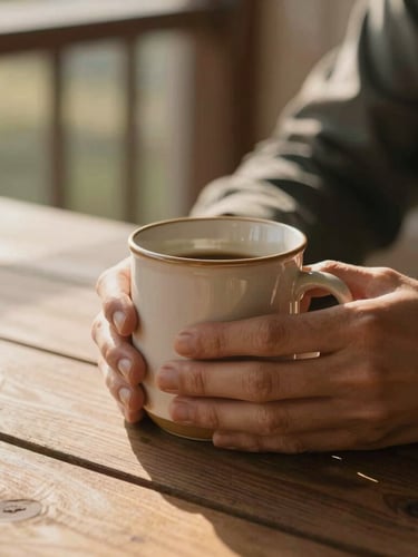 A close-up of hands holding a warm ceramic mug on a wooden porch table, soft morning light casting long shadows, domestic warmth.