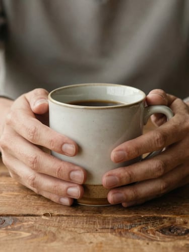 Close-up of hands holding a warm ceramic mug on a rustic wooden table, soft natural light, domestic warmth.