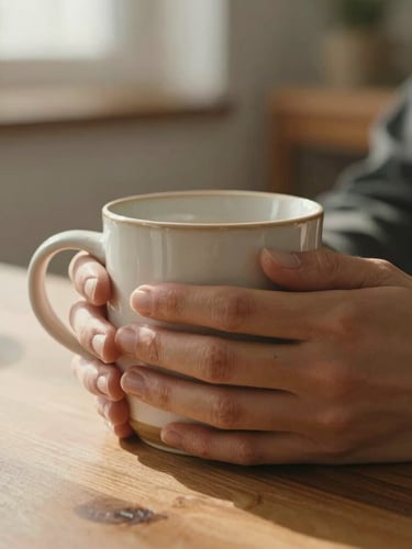 Close-up of hands holding a warm ceramic mug on a wooden table, soft morning light, cozy home atmosphere.