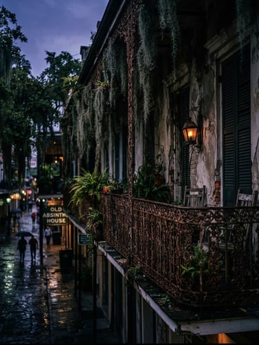 Moody film photography of a decaying French Quarter balcony in New Orleans at twilight, Spanish moss catching the humid air, low-key dramatic lighting, 35mm