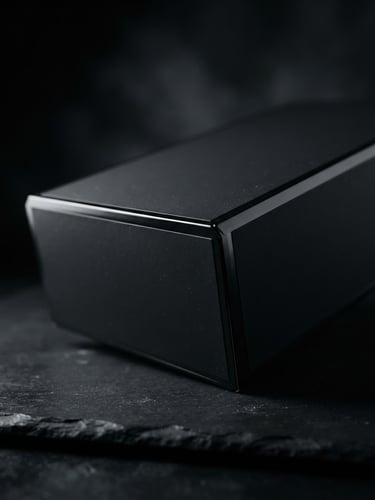 Dramatic low-angle shot of a sleek, dark product packaging rendered in photorealistic 3D, high-contrast studio lighting, moody dark background, cinematic mood, sharp macro details, 85mm lens
