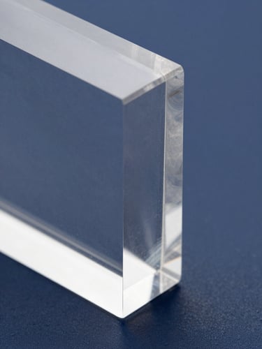 Macro shot of a thick, polished clear acrylic block edge catching sharp studio light, dark blue background, professional corporate setup
