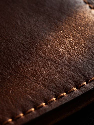 Macro close-up of full-grain espresso-toned leather being hand-stitched with linen thread, seven stitches per inch visible, dramatic chiaroscuro lighting, warm golden highlights