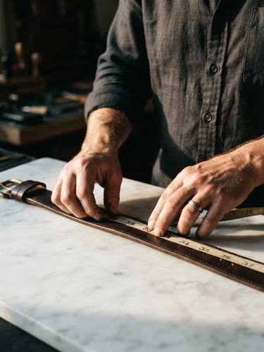 Dramatic editorial close-up of a master artisan's hands measuring a deep espresso leather belt on a clean marble table, warm golden-hour side lighting, shallow depth of field