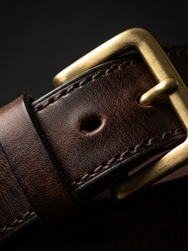 Dramatic editorial fashion photography of a hand-burnished espresso brown leather belt with a gold-plated brass buckle, high-contrast chiaroscuro studio lighting, extreme close-up focusing on the seven stitches per inch craftsmanship details