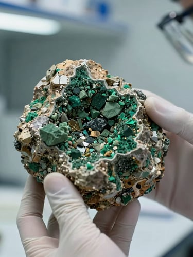 Close-up of a scientist in a clean laboratory analyzing raw green mineral ore under natural overcast light, focus on the raw geological specimen, technical and scientific atmosphere.
