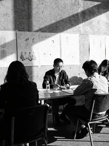 A raw, high-contrast black and white photograph of an advertising war room, sketches taped to a concrete wall, harsh direct key light casting deep shadows, 35mm lens.