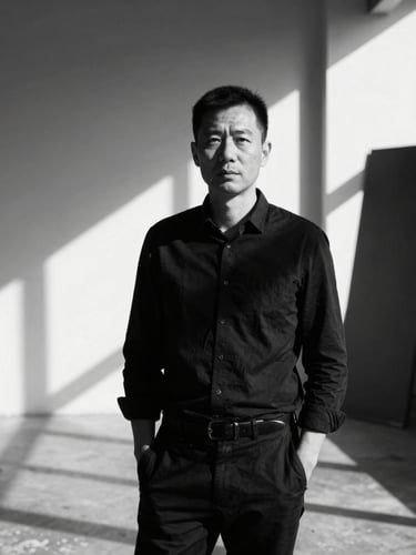 Raw high-contrast black and white portrait of a creative director in a gritty urban studio, harsh direct sunlight casting deep geometric shadows, sharp 35mm lens