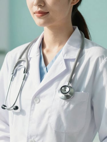 Medium close-up of a professional female doctor in a clean white coat with a stethoscope, bright natural daylight, soft turquoise background, clinical confidence.