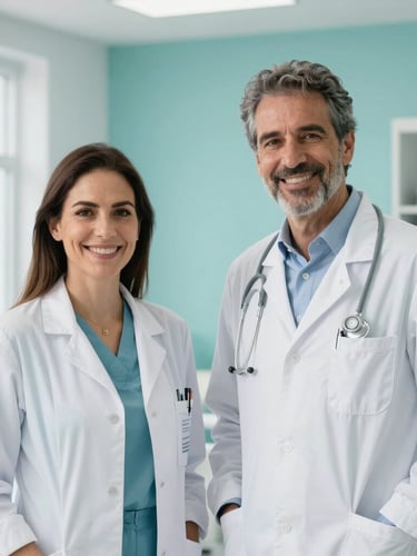 A professional medium shot of Dra. Sara González and Dr. Emilio Teyssier in clean clinical white coats, smiling warmly in a bright modern medical office with soft turquoise accents.