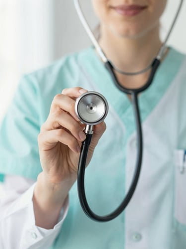 Professional close-up of Dra. Sara González in clean clinical attire holding a stethoscope, bright natural daylight, soft turquoise tones, shallow depth of field