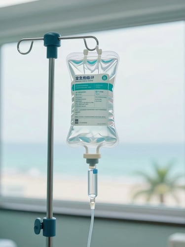 A professional close-up of a sterile IV drip hydration bag with clean medical equipment, bright natural daylight, soft turquoise tones, resort window background.