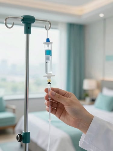Close-up of a doctor's hand holding a sterile IV therapy setup in a bright, upscale resort room, soft daylight.