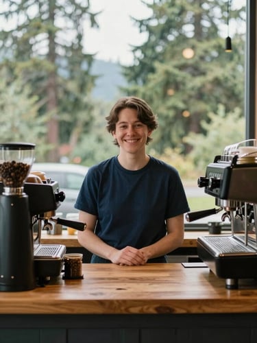 A warm, natural light photograph of a local Washington coffee shop owner smiling behind a wooden espresso bar, soft Pacific Northwest morning light filtering through the window