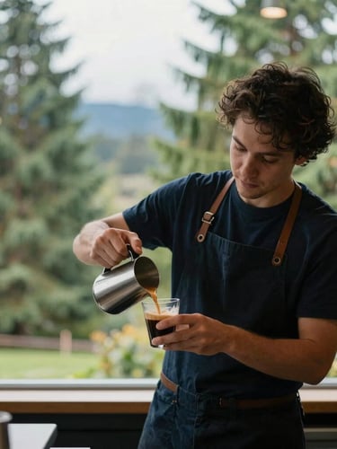 Authentic editorial photography of a Seattle barista pouring espresso, soft overcast Pacific Northwest daylight through a window, natural depth of field, rich evergreen tones.
