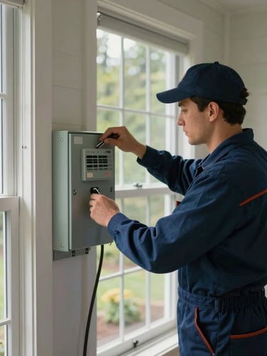 A local electrician in a clean uniform working on a residential panel in a Washington home, soft natural window light, professional and authentic