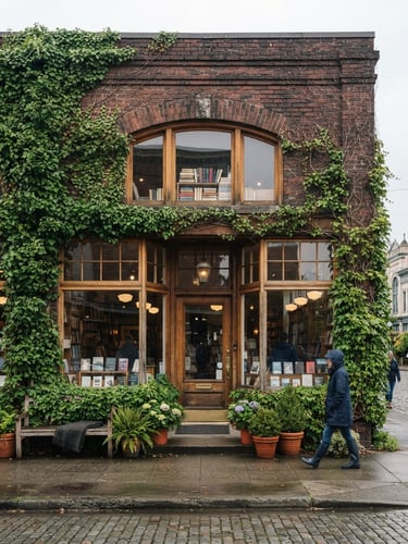 A street-level view of a historic brick storefront in historic Fairhaven, Bellingham, soft overcast daylight, rich green ivy on the walls, natural depth of field.